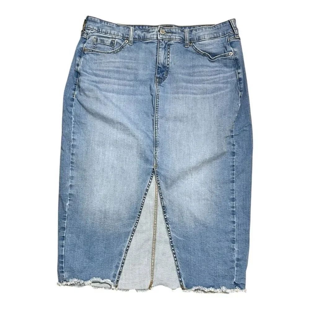 Torrid Blue Denim Midi Skirt Size 16 Raw Hem Front Slit Zip-Closure Cotton